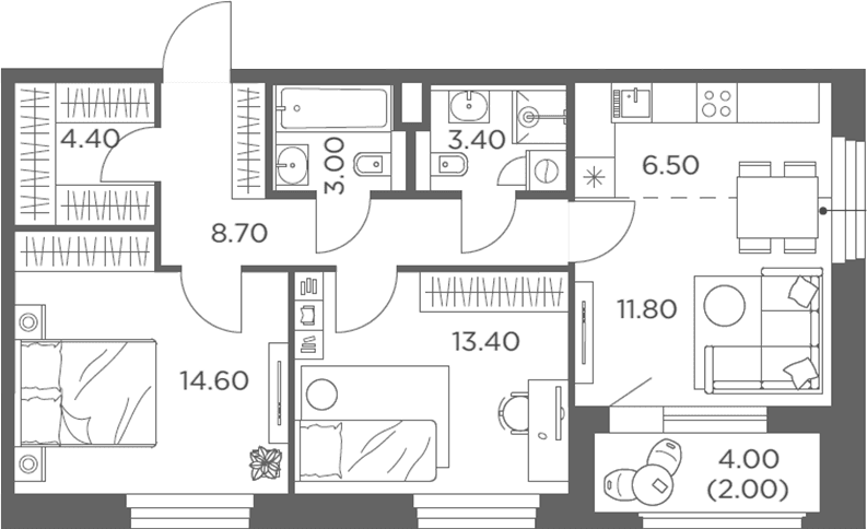 Планировка: Евротрёшка 66,2 м² в ЖК «Белый Град»