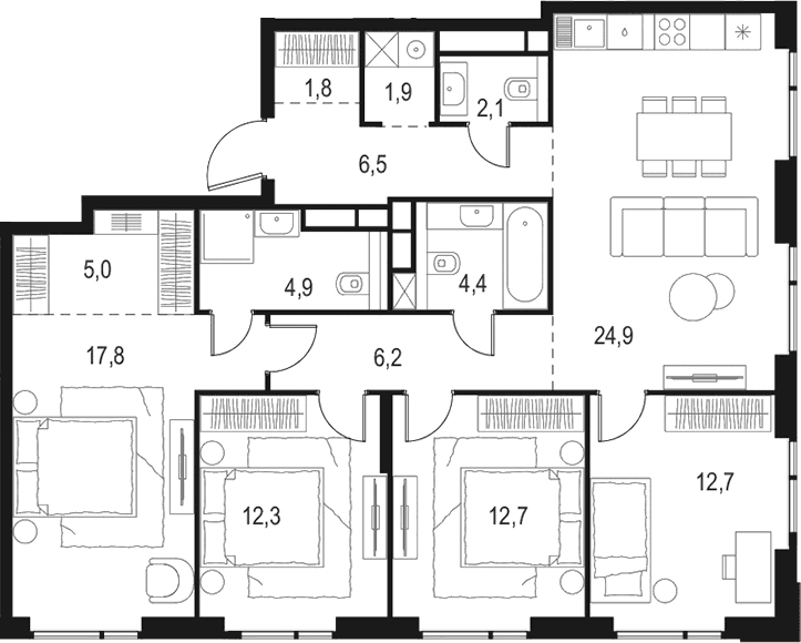 Планировка: Квартира евро-5 113,2 м² в ЖК «Левел Войковская»