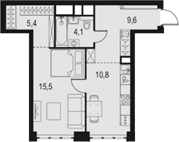 Планировка: 1-комнатная квартира 45,4 м² в ЖК «Левел Южнопортовая»