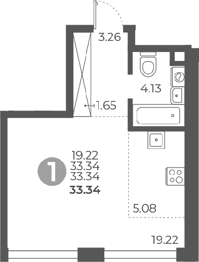 Планировка: Студия 33,3 м² в ЖК «Мневники от Гранель»