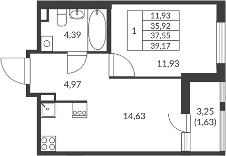 Планировка: 1-комнатная квартира 35,9 м² в ЖК «Амурино»