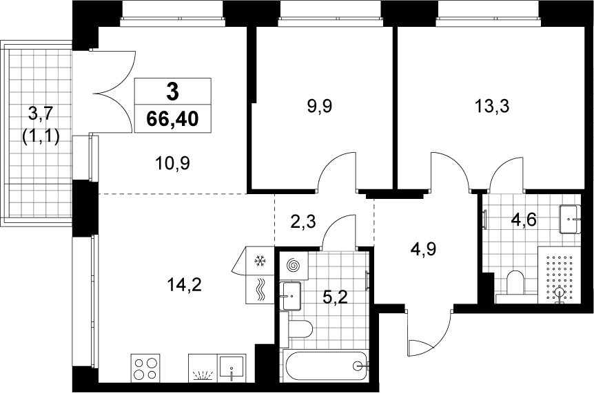 Планировка: Евротрёшка 65,3 м² в ЖК «Хольм»