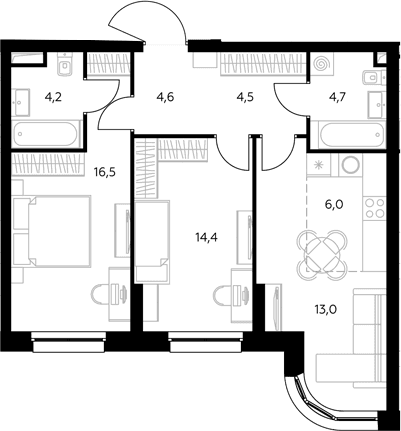 Планировка: Евротрёшка 68,7 м² в ЖК «Адмирал»