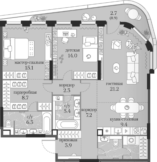 Планировка: 2-комнатная квартира 100,1 м² в ЖК «Муза»