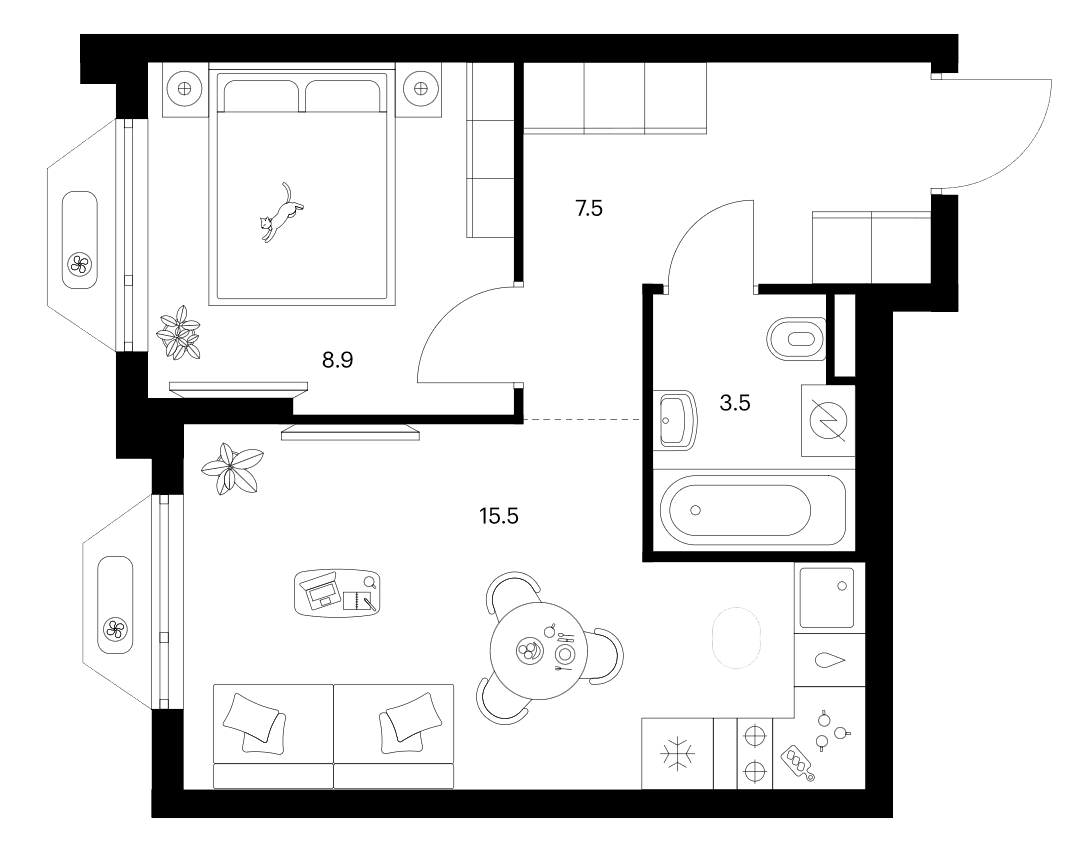Планировка: 1-комнатная квартира 35,4 м² в ЖК «Зеленый парк»