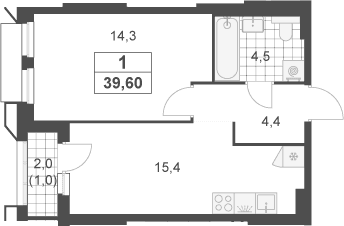 Планировка: Евродвушка 38,6 м² в ЖК «Южные сады»