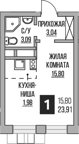 Планировка: Студия 23,9 м² в ЖК «Гранель Пехра»