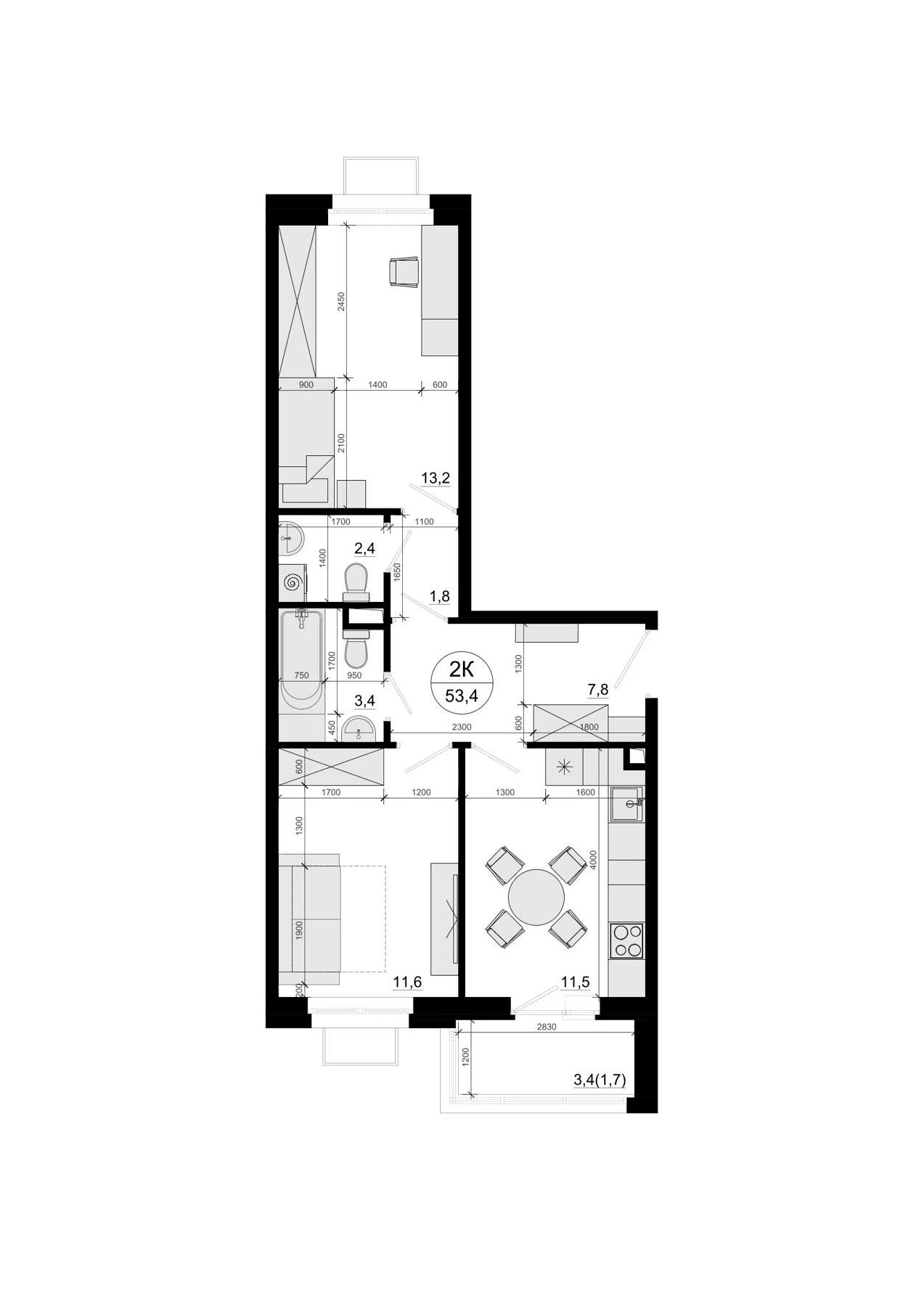 Планировка: Евротрёшка 51,2 м² в ЖК «Одинцовские Кварталы Эволюция»