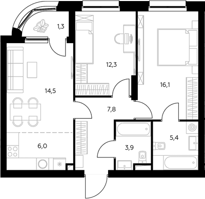 Планировка: Евротрёшка 66,7 м² в ЖК «Адмирал»