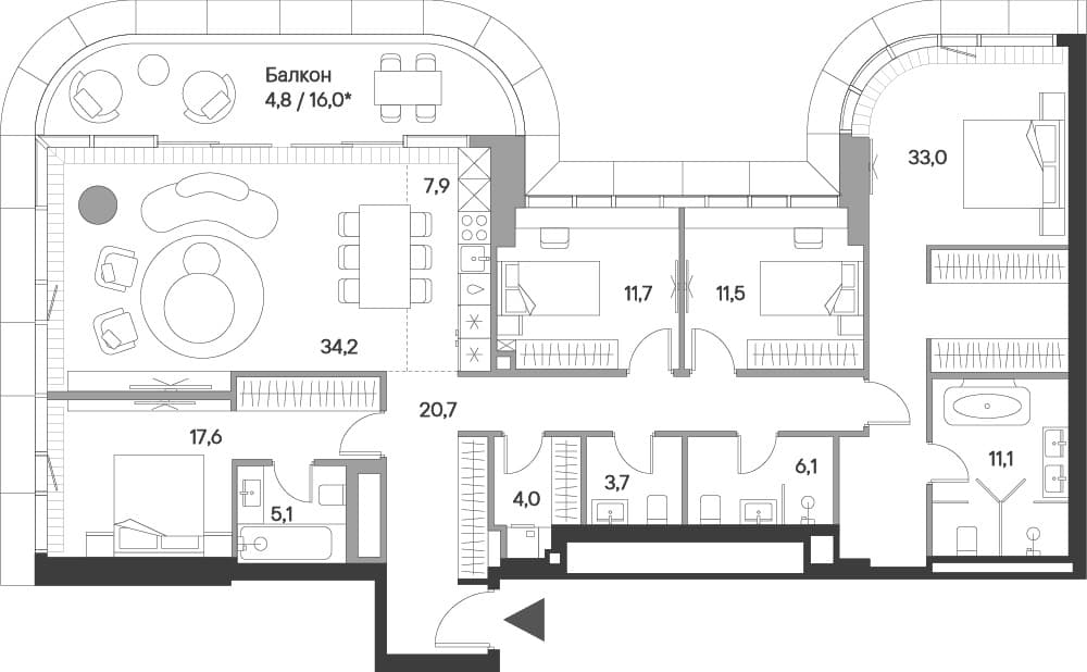 Планировка: Квартира евро-5 166,6 м² в ЖК «Springs»