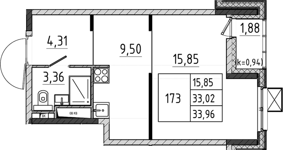 Планировка: Студия 33 м² в ЖК «Поварово-Молодежный-2»