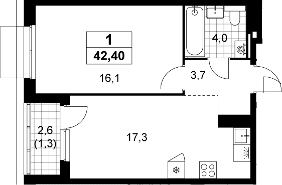 Планировка: Евродвушка 41,1 м² в ЖК «Деснаречье»