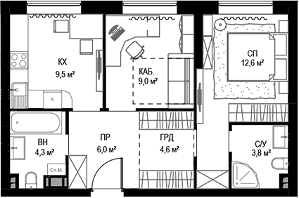 Планировка: 2-комнатная квартира 51,1 м² в ЖК «Дом МАЛЕВИЧ»