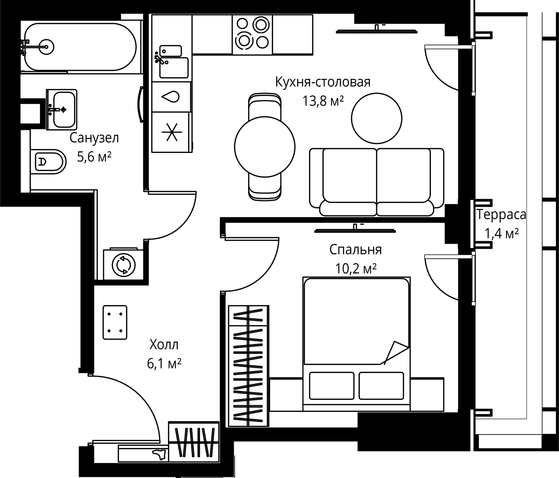 Планировка: 1-комнатная квартира 35,7 м² в ЖК «Веер»