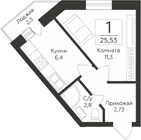 Планировка: 1-комнатная квартира 23,2 м² в ЖК «Гардарика Клаб»