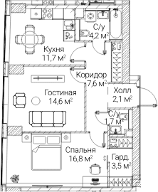 Планировка: 2-комнатная квартира 61,7 м² в ЖК «СЕЗАР БУДУЩЕЕ»