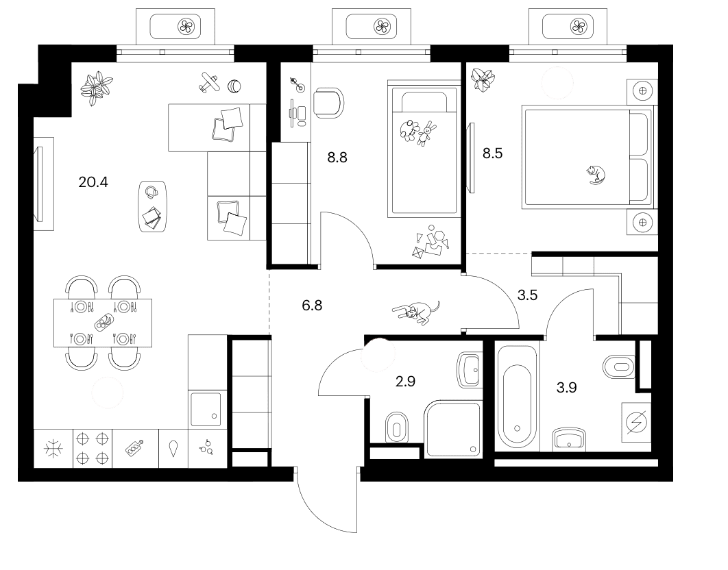 Планировка: 2-комнатная квартира 54,8 м² в ЖК «Белая Дача парк»