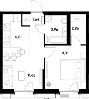 Планировка: Евродвушка 37,6 м² в ЖК «ЭВО»