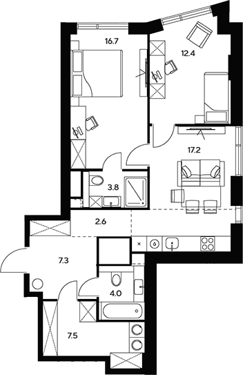 Планировка: Евротрёшка 71,5 м² в ЖК «НЕКСУС от Аквилон»