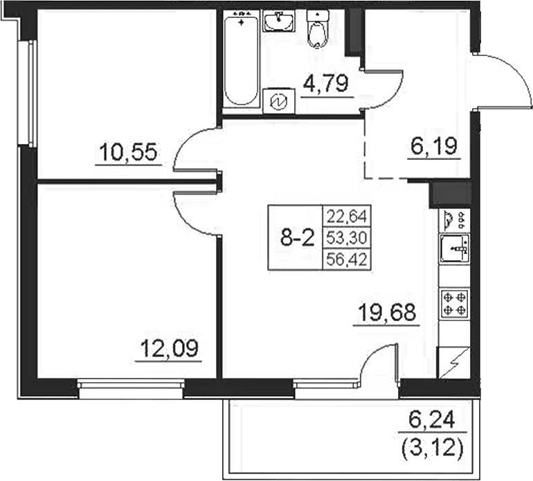 Планировка: Евротрёшка 53,3 м² в ЖК «Поинт Токсово»