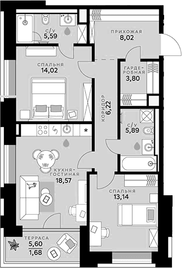 Планировка: Евротрёшка 75,3 м² в ЖК «СберСити»