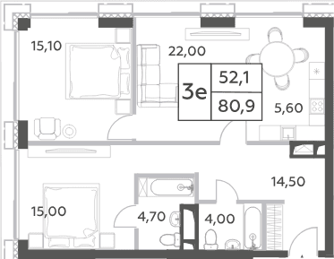 Планировка: Евротрёшка 80,9 м² в ЖК «Will Towers»