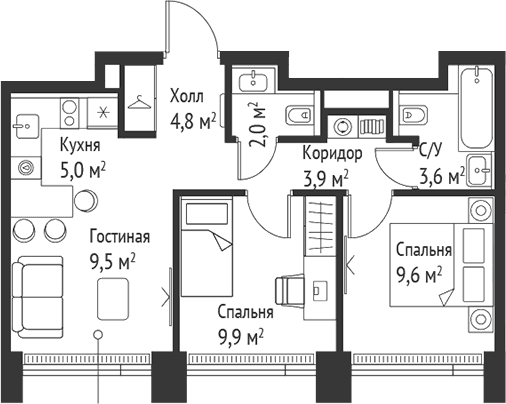 Планировка: Евротрёшка 48,2 м² в ЖК «СЕТ»