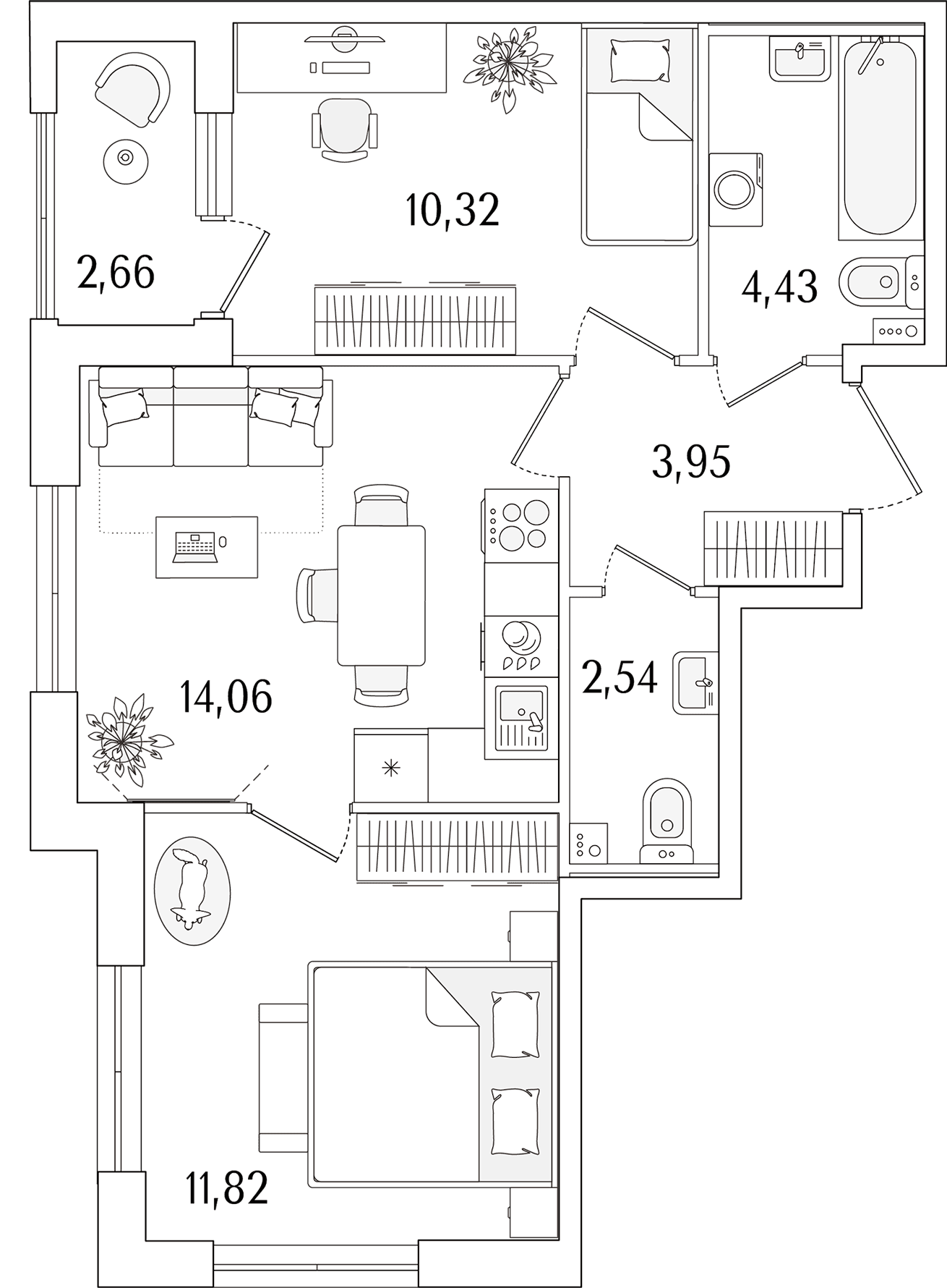Планировка: 2-комнатная квартира 47,1 м² в ЖК «Гранат»