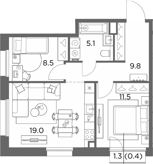 Планировка: 2-комнатная квартира 53,9 м² в ЖК «Станиславский»