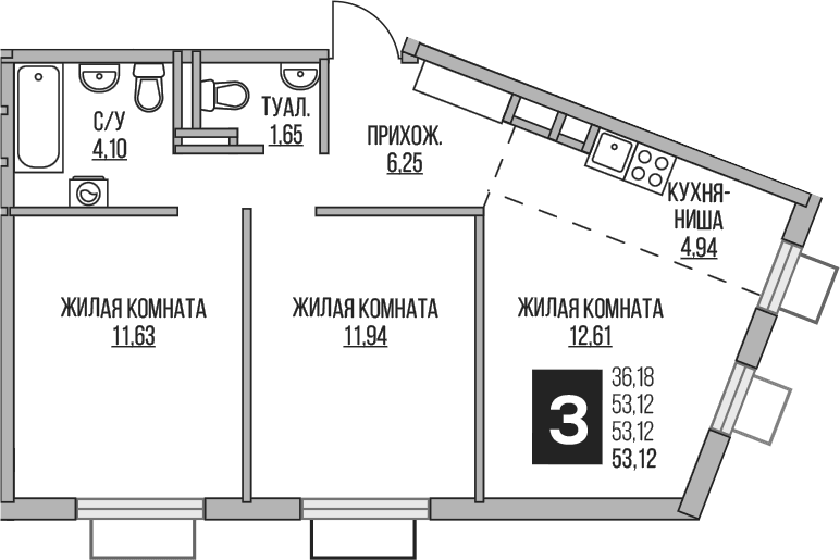 Планировка: Евротрёшка 53,1 м² в ЖК «Гранель Аникеевский»