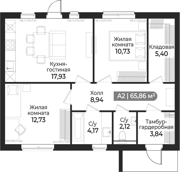 Планировка: Таунхаус 68,5 м² в ЖК «Коттеджный поселок СветЛО»