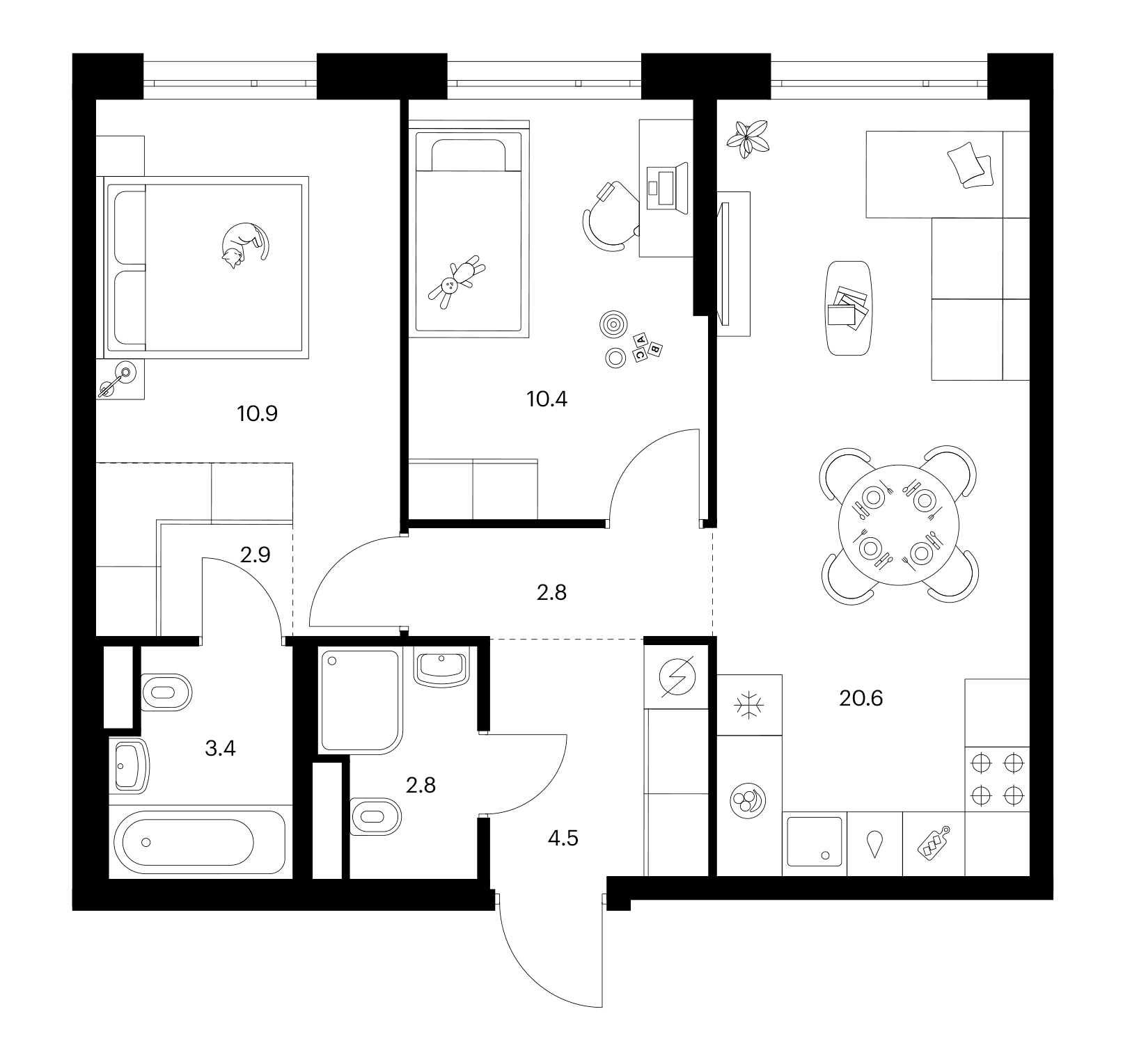 Планировка: 2-комнатная квартира 58,3 м² в ЖК «2-й Иртышский»