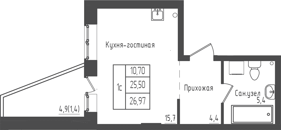 Планировка: Студия 25,5 м² в ЖК «Зеленый город»