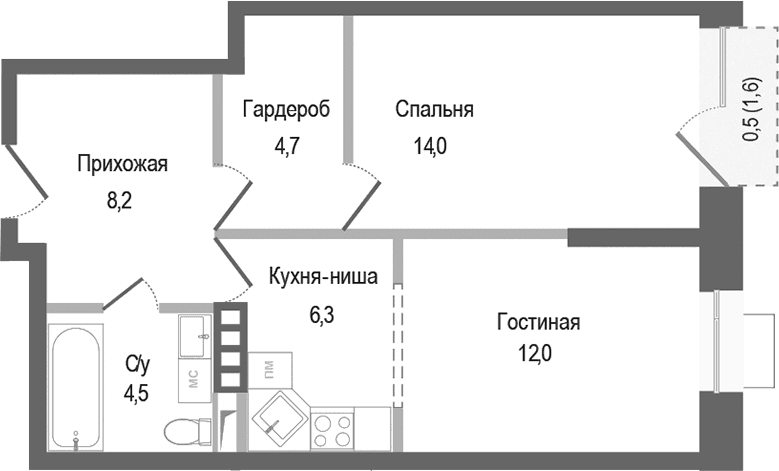 Планировка: Евродвушка 49,7 м² в ЖК «Киноквартал»