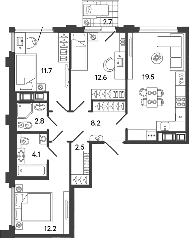 Планировка: Квартира евро-4 73,6 м² в ЖК «Гений»