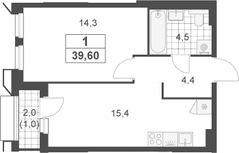 Планировка: Евродвушка 38,6 м² в ЖК «Южные сады»