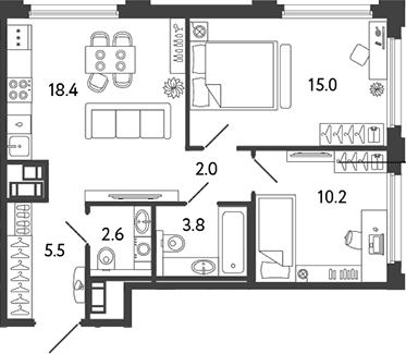 Планировка: Евротрёшка 57,5 м² в ЖК «Гений»