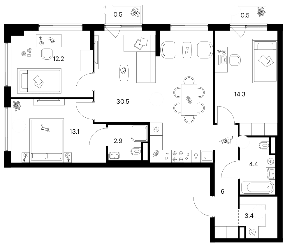 Планировка: 3-комнатная квартира 86,8 м² в ЖК «Бунинская набережная»