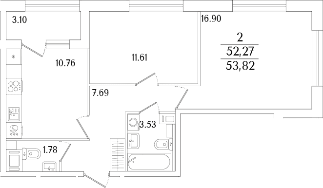 Планировка: 2-комнатная квартира 52,3 м² в ЖК «Аурум»