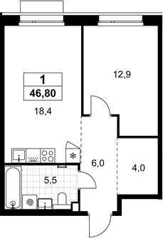 Планировка: Евродвушка 46,8 м² в ЖК «Хольм»