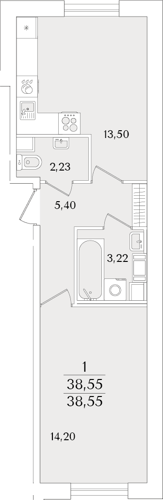 Планировка: 1-комнатная квартира 38,6 м² в ЖК «Кинопарк»