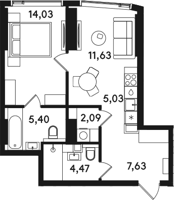 Планировка: Евродвушка 50,3 м² в ЖК «СОЛОС»