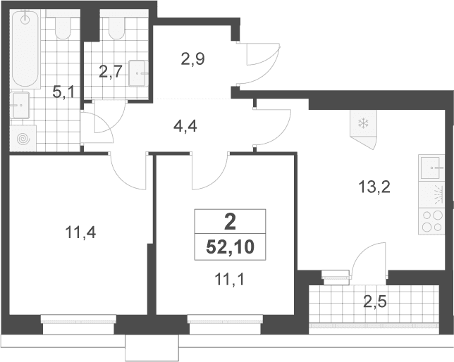Планировка: 2-комнатная квартира 50,8 м² в ЖК «Деснаречье»