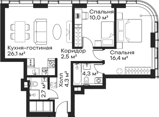 Планировка: Евротрёшка 66,3 м² в ЖК «Сити Бэй»