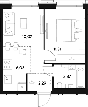 Планировка: Евродвушка 33,6 м² в ЖК «ЭВО»