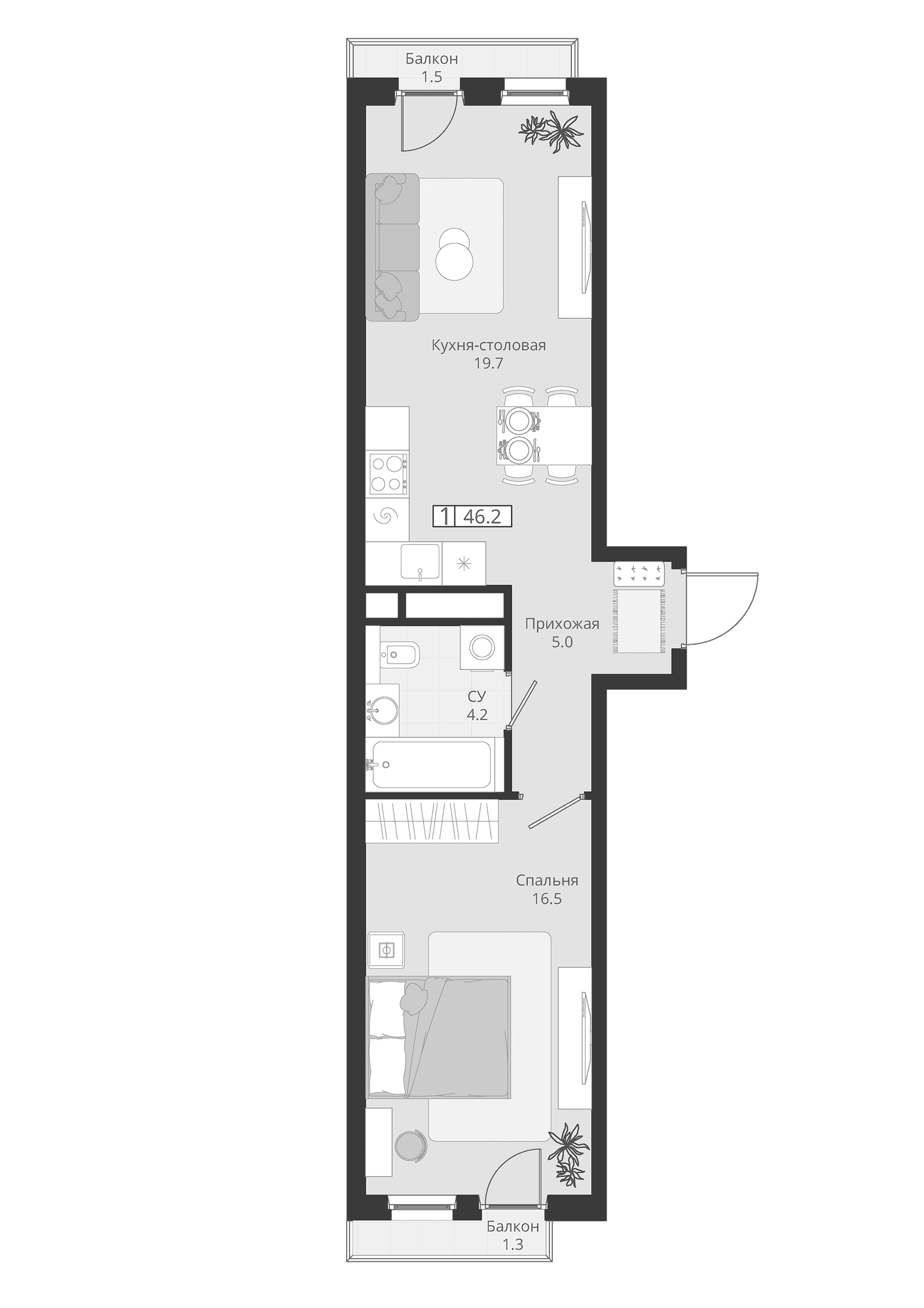 Планировка: Евродвушка 45,4 м² в ЖК «ГРЭЙ»