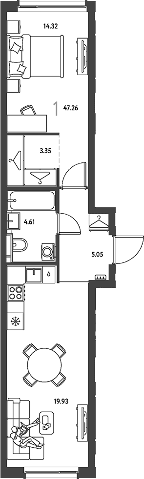 Планировка: 1-комнатная квартира 47,3 м² в ЖК «Страна.Парковая»