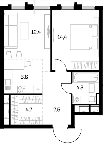Планировка: Евродвушка 49,9 м² в ЖК «Дом 56»