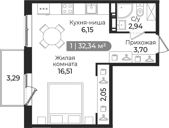 Планировка: Студия 31,4 м² в ЖК «Квинта»