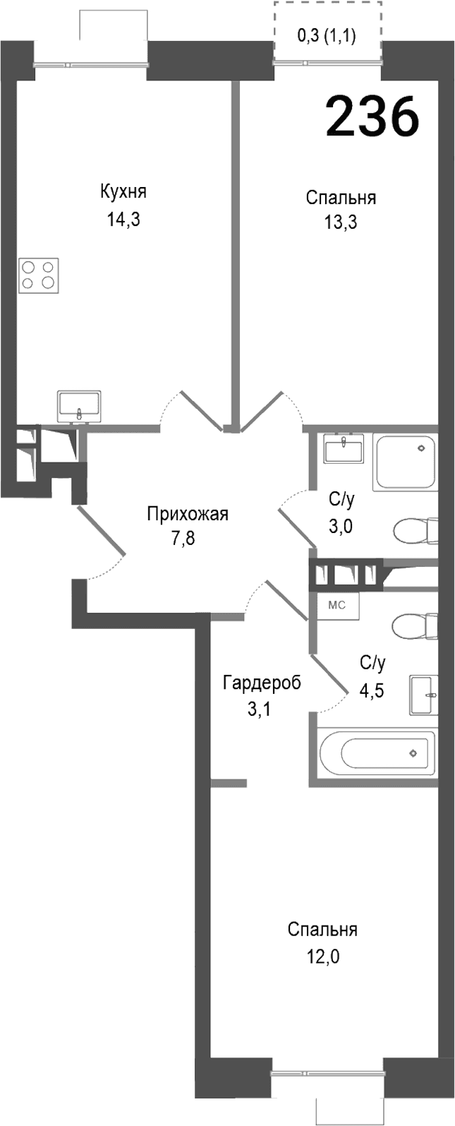 Планировка: 2-комнатная квартира 58 м² в ЖК «Киноквартал»